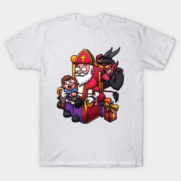 Kid On Lap Of Saint Nicholas While Krampus Is Stalking T-Shirt by TheMaskedTooner